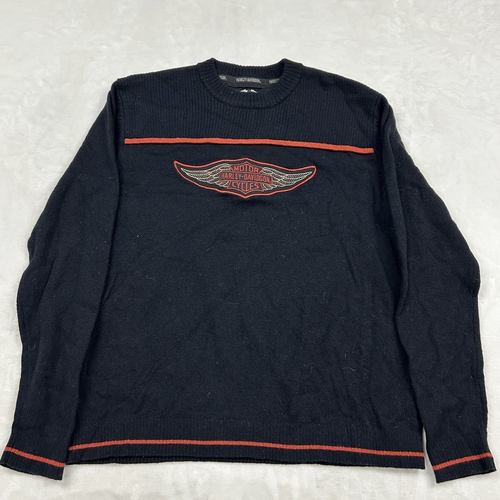 Harley Davidson Sweater Mens Medium Black Lambswool Blend Wing Logo Ribbed 0573